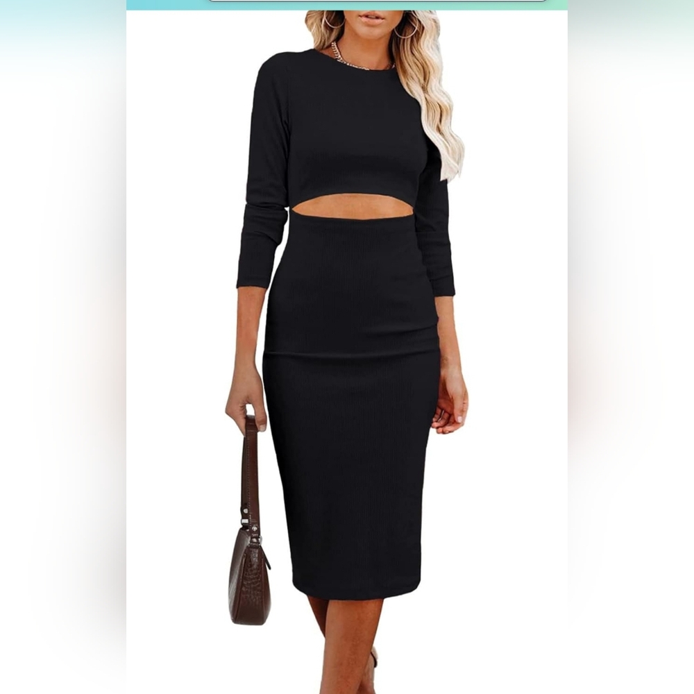 PRETTYGARDEN Women's Long Sleeve Midi Bodycon Dresses Cut Out Ribbed Knit Dress
